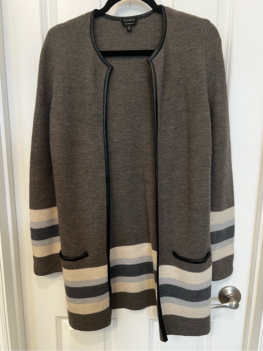 Talbots Brown Open-Front Cardigan with Cream and Gray Stripes